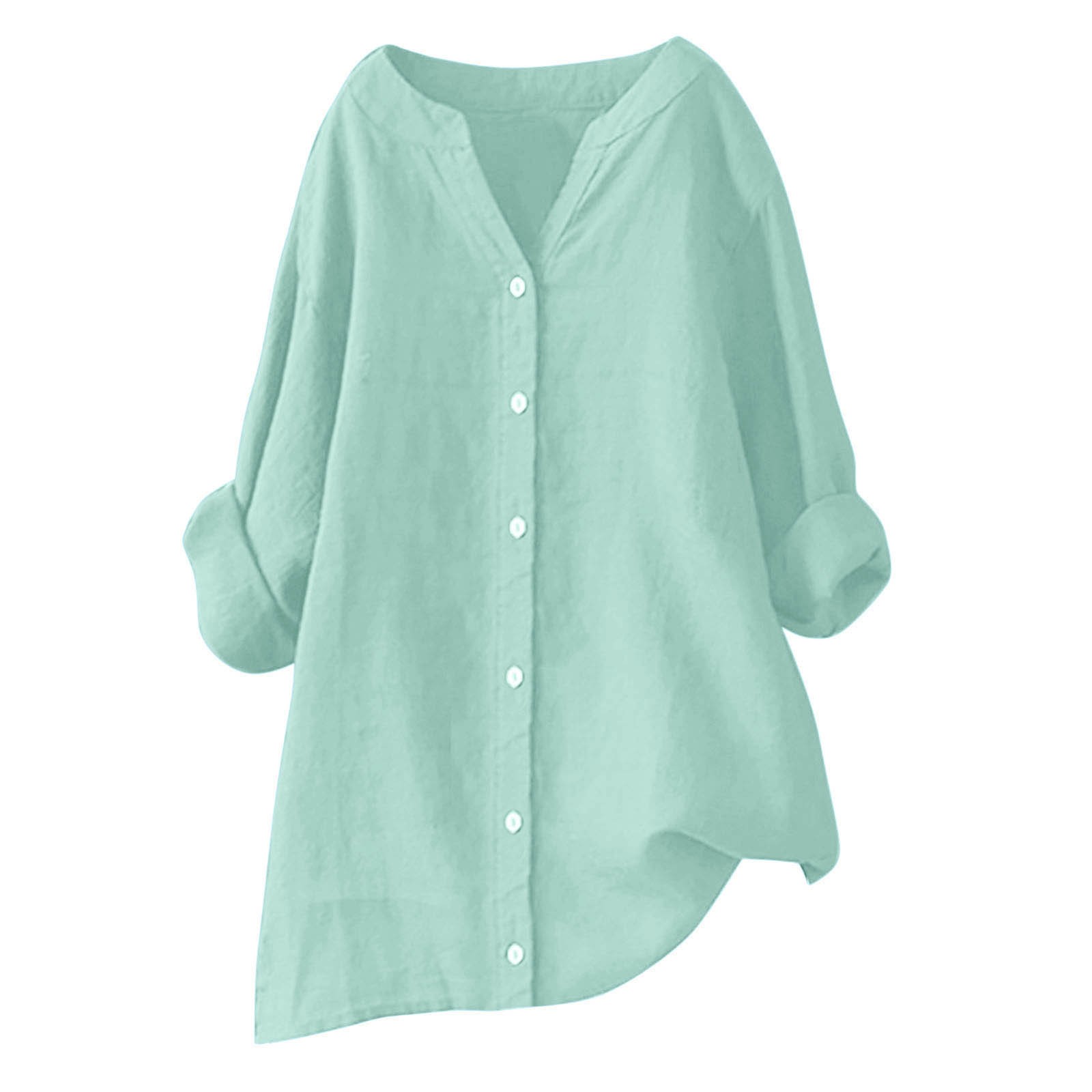 thumbnail image 4 of Blusa de manga larga con botones para mujer - Camisa informal lisa con cuello en V y corte holgado - Adecuada para el trabajo, citas o compras - Tallas S-XXXXXL, tejido de poliéster, 4 of 4